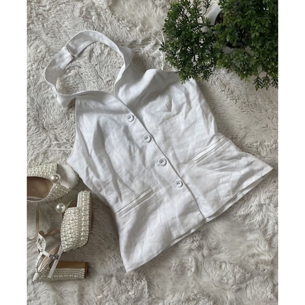 Reformation Tate White 100% Linen Halter Vest Button Up Top Size 2